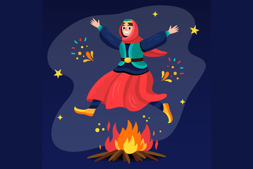 دانلود وکتور EPS و Ai لایه باز شامل پریدن دختری با لباس محلی از روی آتش ویژه روز چهارشنبه سوری